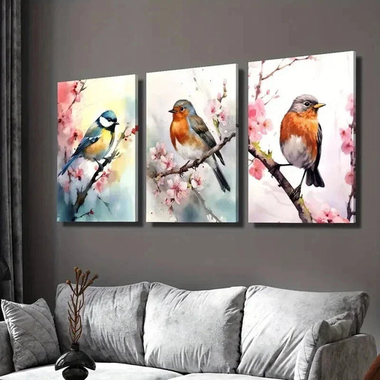 3pcs Titmouse on a Flowering Branch Wall Art Set Canvas Framed 40x60cm - High Quality Print 100% Australian Made Wall Canvas Ready to Hang