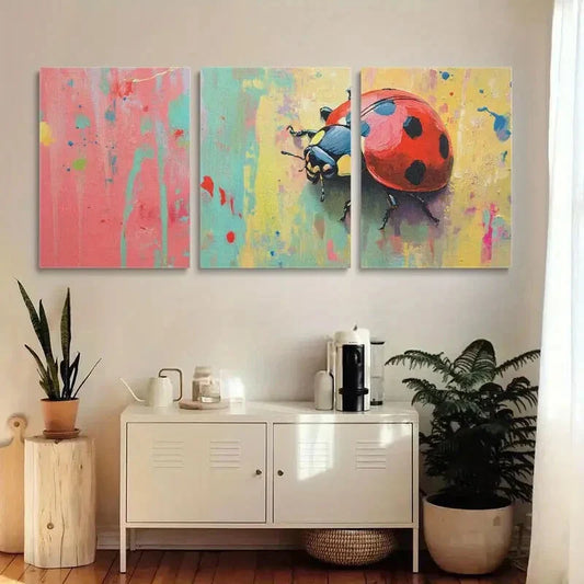 3pcs Vibrant Abstract Paintings Ladybug Metal Print Ready to Hang Art