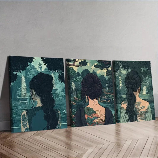 3pcss  Asian Woman Nature Greenery Wall Art Set Canvas Framed 40x60cm - High Quality Print 100% Australian Made Wall Canvas Ready to Hang