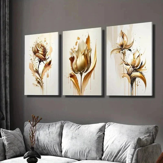 3pcs Golden Rose Abstract Concept Illustration Wall Art Set Canvas Framed 40x60cm - High Quality Print 100% Australian Made Wall Canvas Ready to Hang