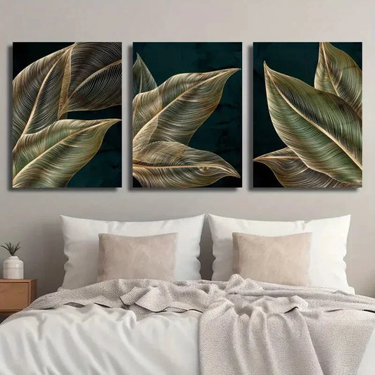 3pcs Modern Simple Stylish Golden Plant Leaf Metal Print Ready to Hang Art