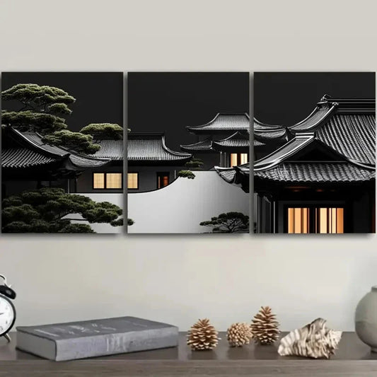 3pcs Ancient Architecture Art Painting Metal Print Ready to Hang Art