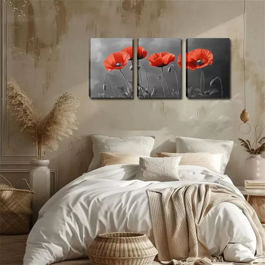 3pcs Blooming Red Flowers, Wall Art Set Canvas Framed 40x60cm - High Quality Print 100% Australian Made Wall Canvas Ready to Hang