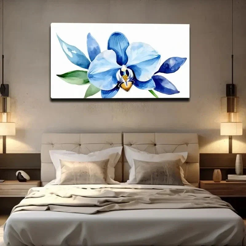 Vibrant Blue & Purple Orchid Wall Art Canvas Office Home Room Framed 80x45cm