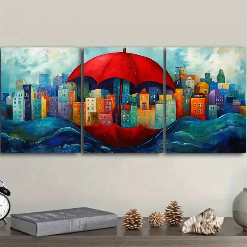 3pcs City view under a red umbrella Metal Print Ready to Hang Art
