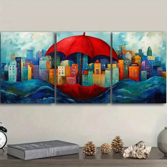 3pcs City view under a red umbrella Metal Print Ready to Hang Art