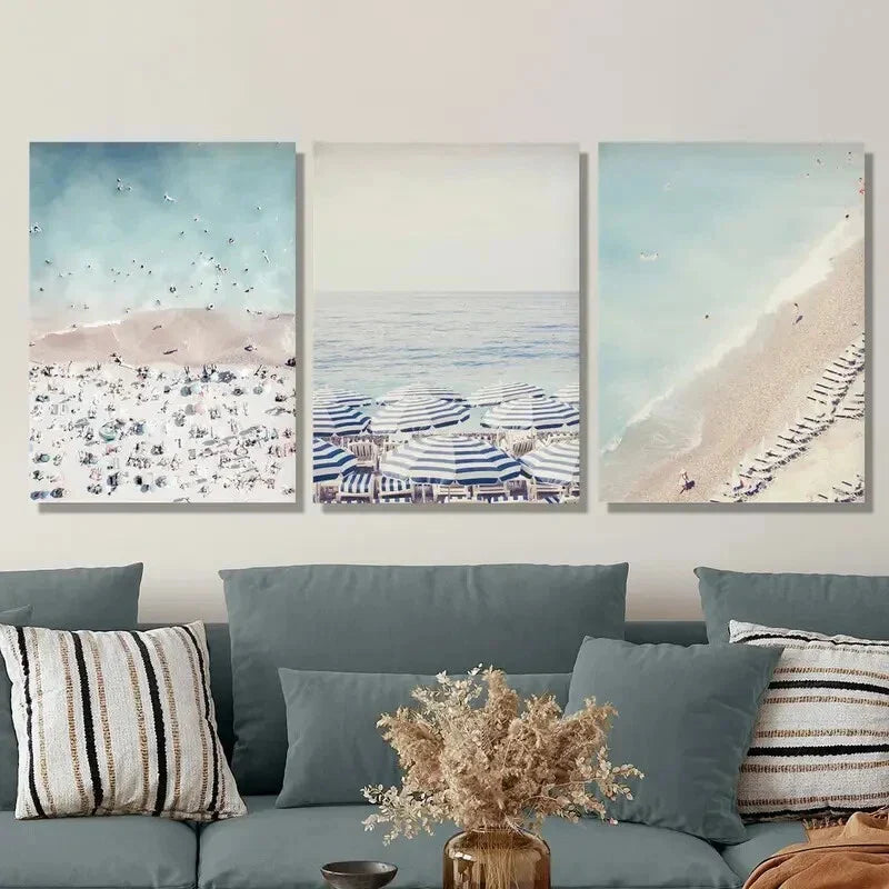 3pcs Blue and White Umbrella Aerial View Metal Print Ready to Hang Art