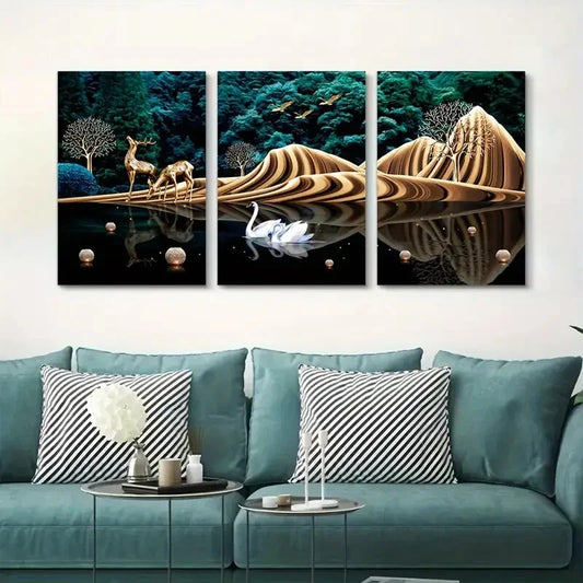 3pcs   White Swan in Water Abstract Botanical  Metal Print Ready to Hang Art