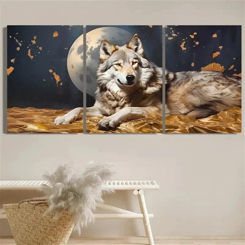 3pcs Wolf on the Moon Metal Print Ready to Hang Art