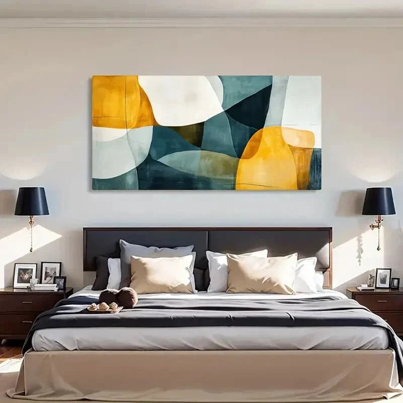 Bold Teal & Mustard Fluid Shape Wall Art Canvas Office Home Room Framed 80x45cm