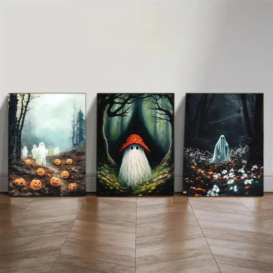 3pcs White Ghost in the Forest Gothic Art Metal Print Ready to Hang Art