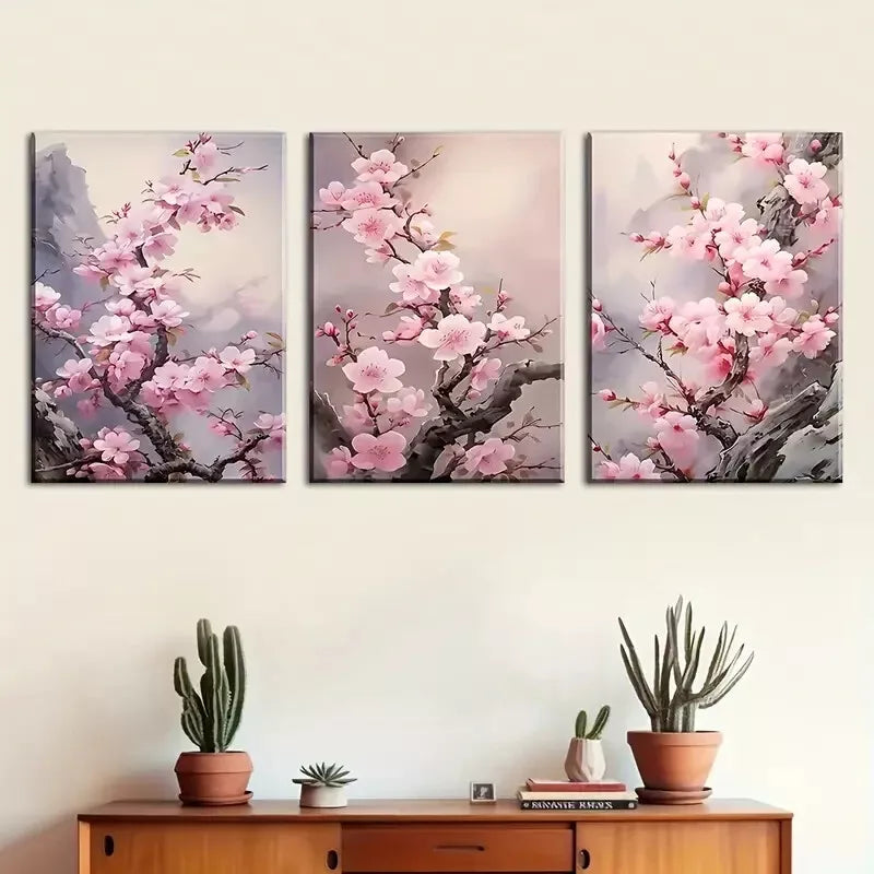 3pcs Featuring Delightful Pink Cherry Blossom  Wall Art Set Canvas Framed 40x60cm - High Quality Print 100% Australian Made Wall Canvas Ready to Hang