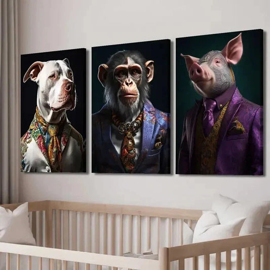 3pcs Bulldog Monkey Pig Wearing Clothes Wall Art Set Canvas Framed 40x60cm - High Quality Print 100% Australian Made Wall Canvas Ready to Hang