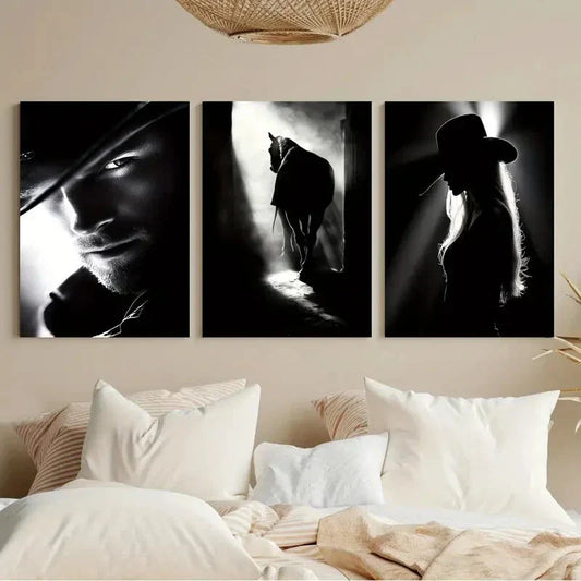 3pcs Western Black and White Cowboy Cowgirl Metal Print Ready to Hang Art