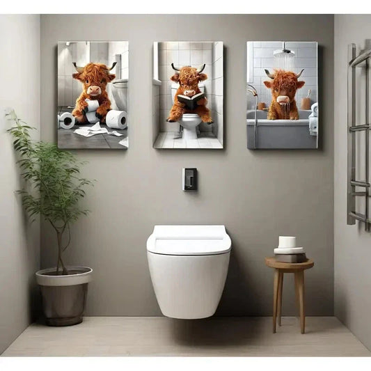 3pcs   Playful Brown Cows in Various Scenes  Metal Print Ready to Hang Art