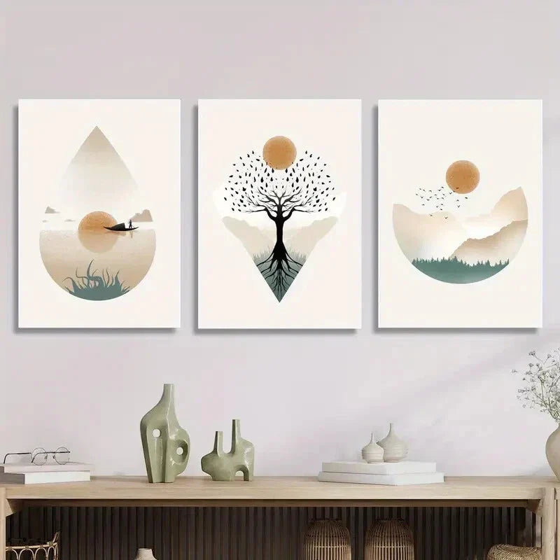 3pcs watercolor sun landscape painting, tree Metal Print Ready to Hang Art