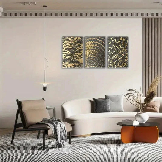 3pcs Golden Wave, Spiral, and Geometric Patterns Metal Print Ready to Hang Art