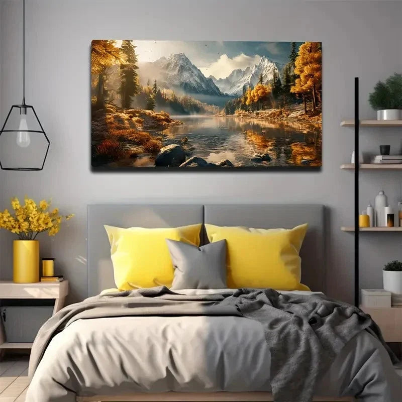 Snow Mountain Under Autumn Wall Art Canvas Office Home Room Framed 80x45cm
