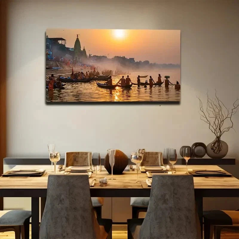 Gondolas On The Ganges Wall Art Canvas Office Home Room Framed 80x45cm