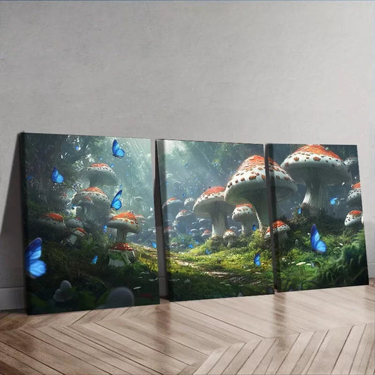 3pcs Featuring Mushrooms In A Forest Nature Wall Art Set Canvas Framed 40x60cm - High Quality Print 100% Australian Made Wall Canvas Ready to Hang