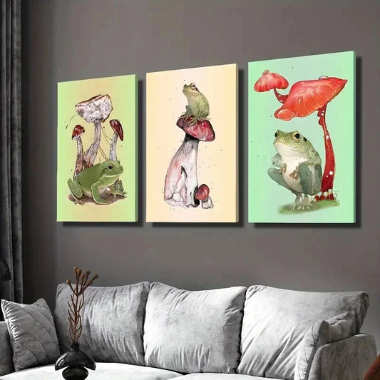 3pcs Whimsical Frog & Mushroom Decor Wall Art Set Canvas Framed 40x60cm - High Quality Print 100% Australian Made Wall Canvas Ready to Hang