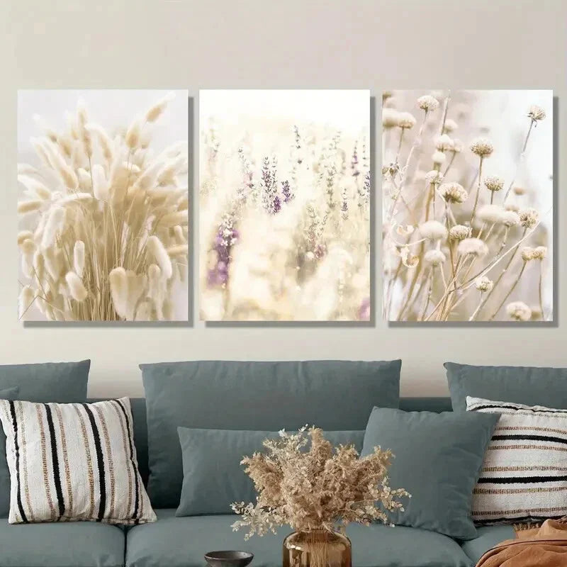 3pcs ,Dogtail Grass & Flowers - Classic Modern Metal Print Ready to Hang Art