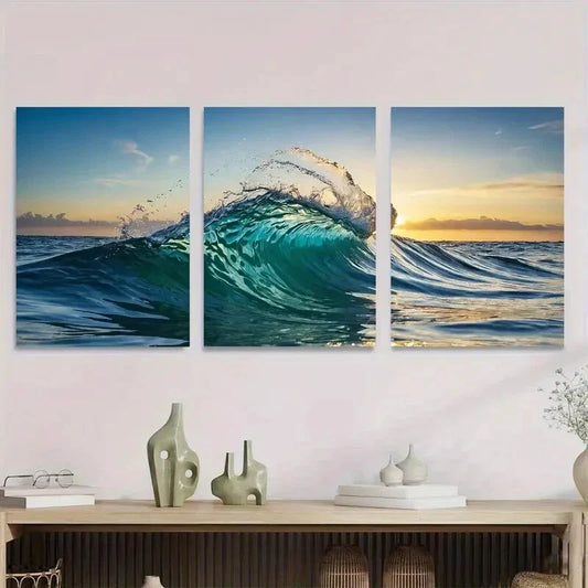 3pcs Sunset Seascape with Dynamic Waves Metal Print Ready to Hang Art