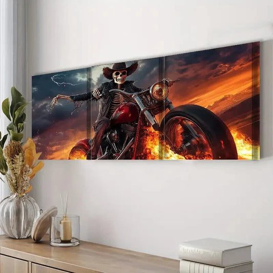 3pcs Skeleton on Motorcycle Dark Rider Fear Wall Art Set Canvas Framed 40x60cm - High Quality Print 100% Australian Made Wall Canvas Ready to Hang