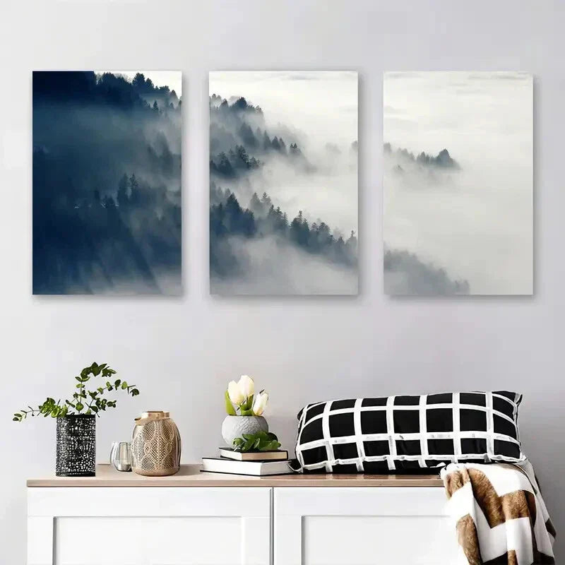 3pcs Serene Foggy Forest and Sky Metal Print Ready to Hang Art