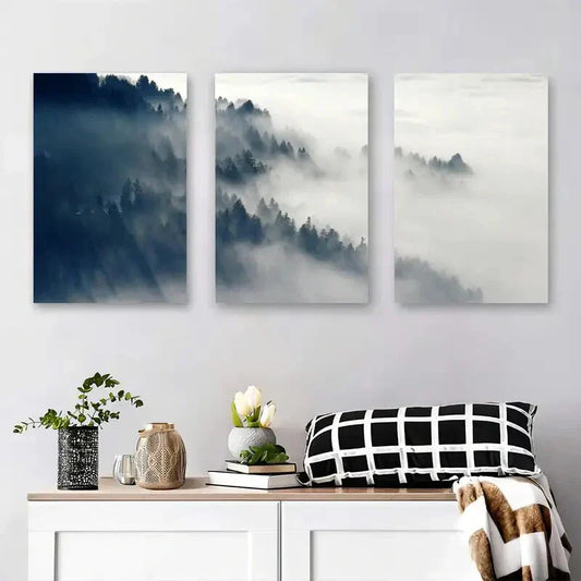 3pcs Serene Foggy Forest and Sky Metal Print Ready to Hang Art