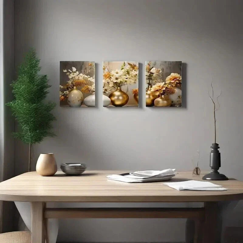 3pcs  Golden and White Flowers  Painting Metal Print Ready to Hang Art