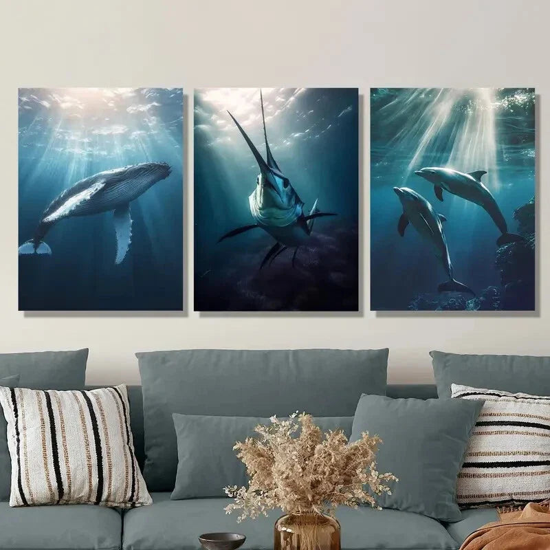 3pcs diving whale swordfish painting, Metal Print Ready to Hang Art