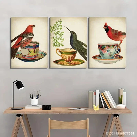 3pcs Vibrant Bird & Teacup Modern Style Metal Print Ready to Hang Art
