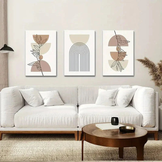 3pcs   Abstract Geometric Line Leaf Beige Botanical Metal Print Ready to Hang Art