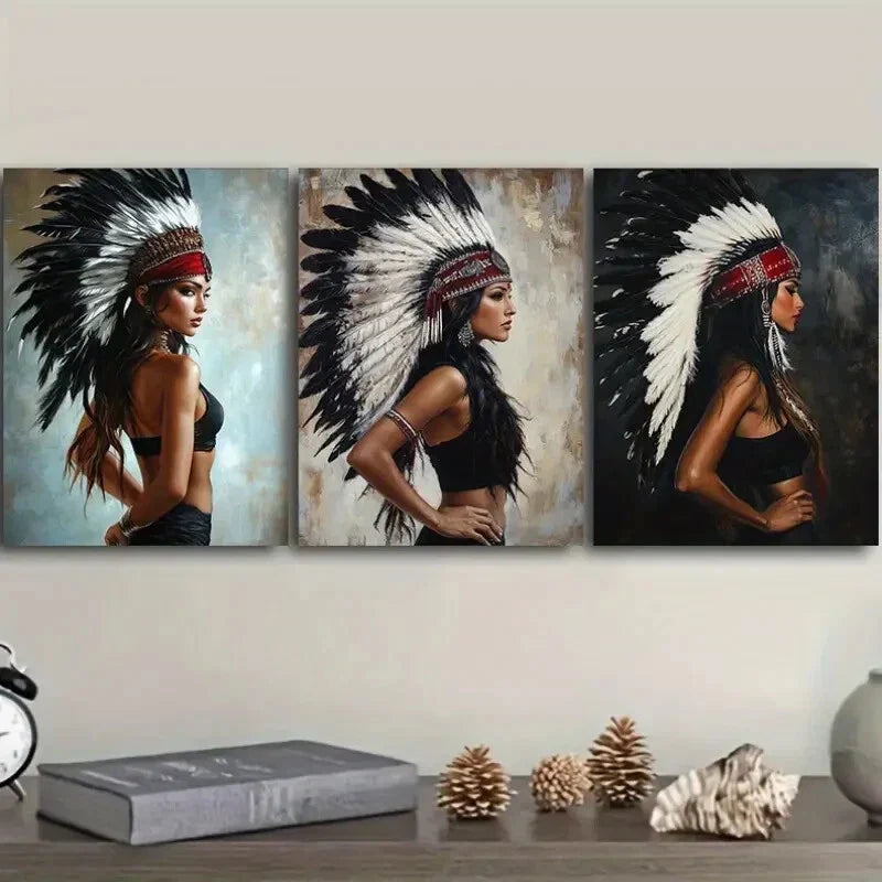 3pcs  Indian girls wear feathered headdresses  Wall Art Set Canvas Framed 40x60cm - High Quality Print 100% Australian Made Wall Canvas Ready to Hang