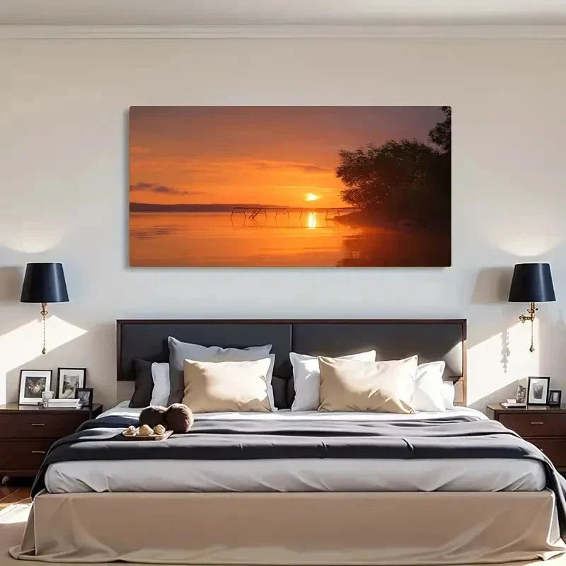 Lakeside Orange Sunset Decor Wall Art Canvas Office Home Room Framed 120x60cm