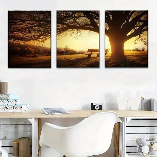 3pcs Golden Sunset Forest Natural Landscape Metal Print Ready to Hang Art