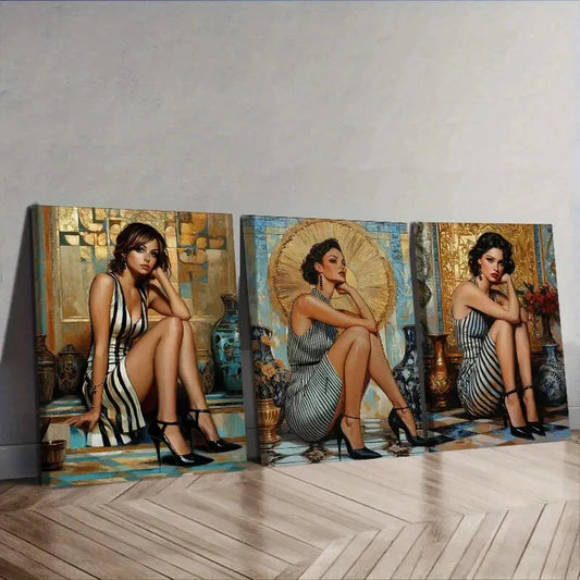 3pcs Three Fashionable Ladies Sitting Wall Art Set Canvas Framed 40x60cm - High Quality Print 100% Australian Made Wall Canvas Ready to Hang