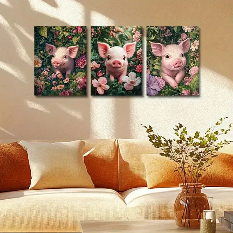 3pcs Cute Pink Pig with Pink florals and Greenery Metal Print Ready to Hang Art
