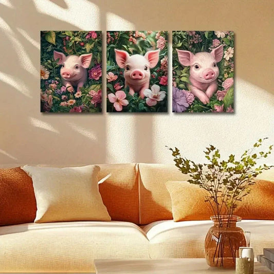 3pcs Cute Pink Pig with Pink florals and Greenery Metal Print Ready to Hang Art
