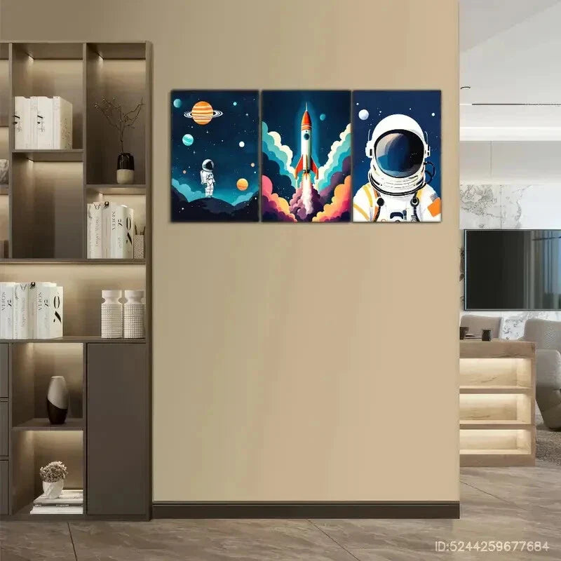 3pcs Vibrant Rocket Launch Astronauts and Planets Metal Print Ready to Hang Art