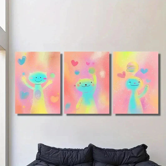 3pcs Cartoon cute pink spaceman, happy  Metal Print Ready to Hang Art