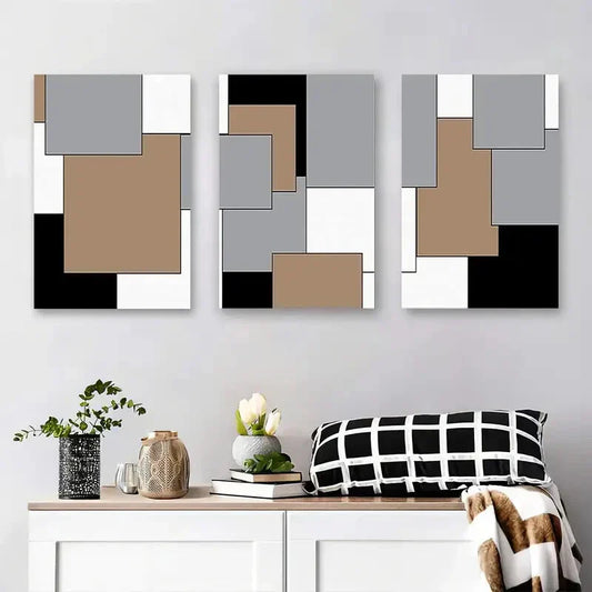 3pcs Modern Rectangular Shapes in Black, White Metal Print Ready to Hang Art