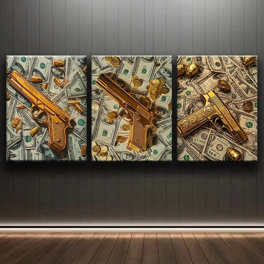 3pcs Handguns and Dollar Bills Design Metal Print Ready to Hang Art