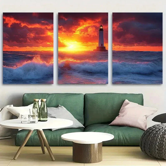 3pcs Colorful Ocean Lighthouse Over Crashing Waves Metal Print Ready to Hang Art
