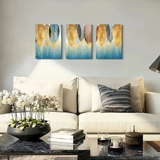 3pcs Golden Leaves Abstract Paintings  Metal Print Ready to Hang Art