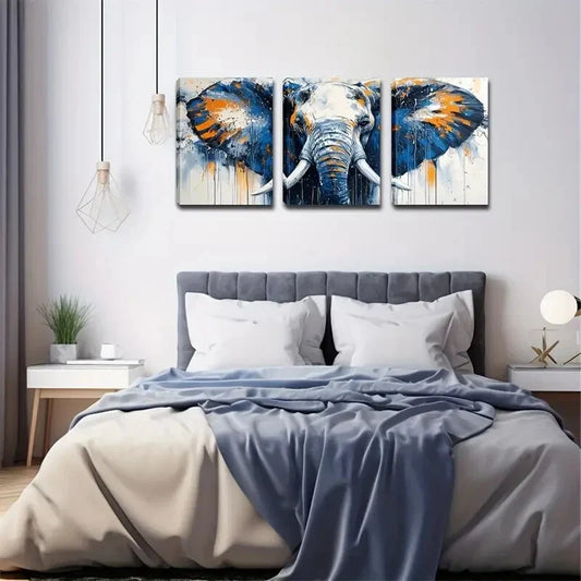3pcs Vintage Elephant Vibrant Blue & Orange Metal Print Ready to Hang Art