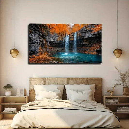 Autumn Waterfall Cliff Wall Art Canvas Office Home Room Framed 120x60cm