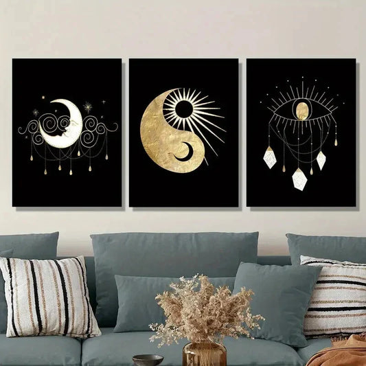 3pcs Art Deco Classic Modern Sun and Moon Metal Print Ready to Hang Art