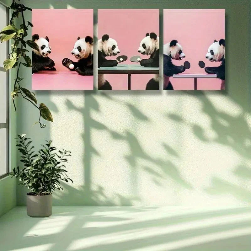 3pcs  Table tennis panda Art Painting Metal Print Ready to Hang Art